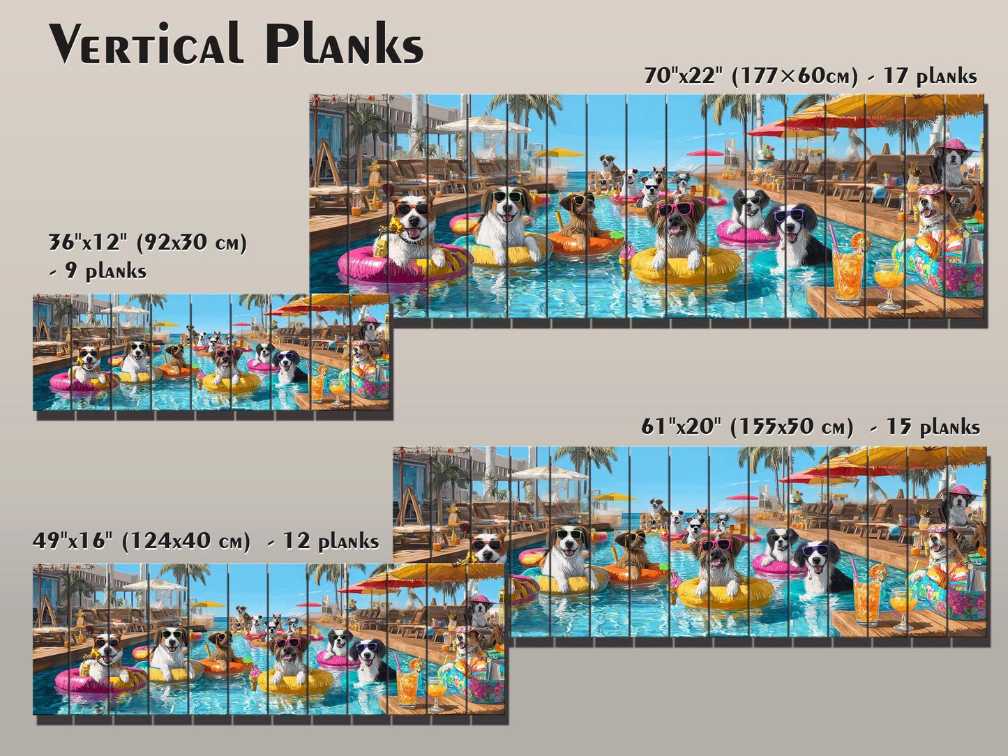 Dogs Tropical Pool Bar Print – Funny Summer Dog Wall Art on Wood Panel