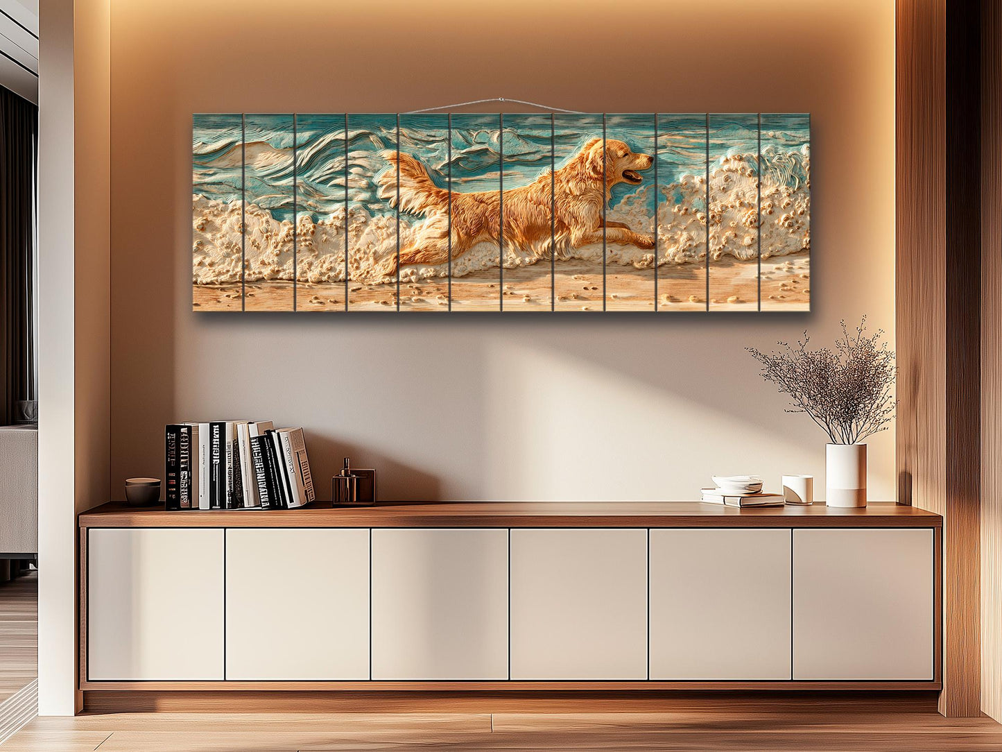Golden Retriever Wall Art – Rustic Pet Painting on Textured Wood Panel, Cozy Home Decor