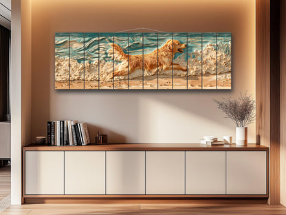 Golden Retriever Wall Art – Rustic Pet Painting on Textured Wood Panel, Cozy Home Decor