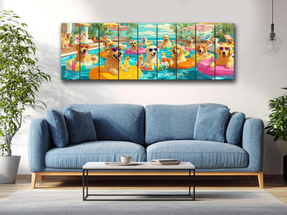 Golden Retriever Wall Art – Playful Pool Party Dog Print on Rustic Wood