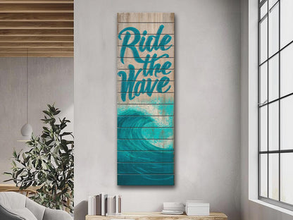 Coastal Wood Wall Art – Ride The Wave Print On Natural Wood Planks – Surfing Wall Decor