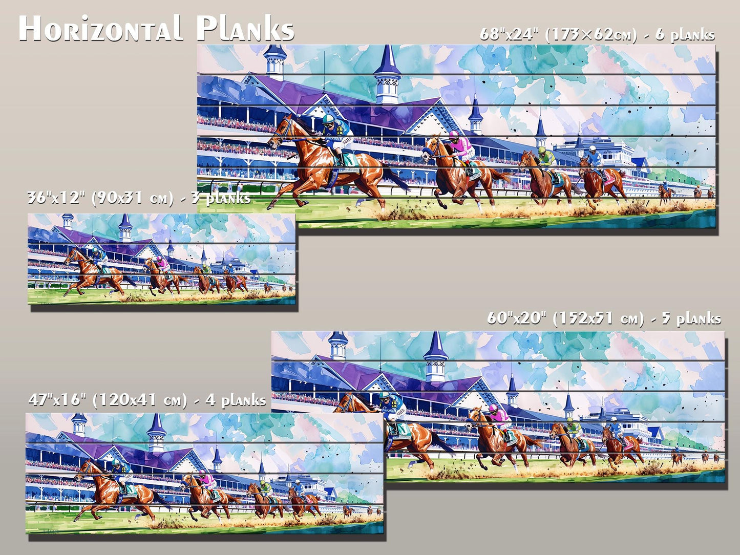 Horse Racing Wall Art – Rustic Natural Wood Print | Vibrant Outdoor Sports Decor