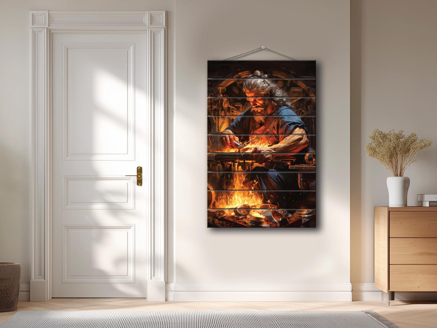Hephaestus Wood Print – Rustic Blacksmith Wall Decor | Natural Wood Art Panel
