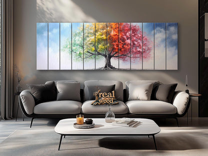 Wood Wall Art – Four Season Tree Print | Colorful Wood Art on Wooden Plank