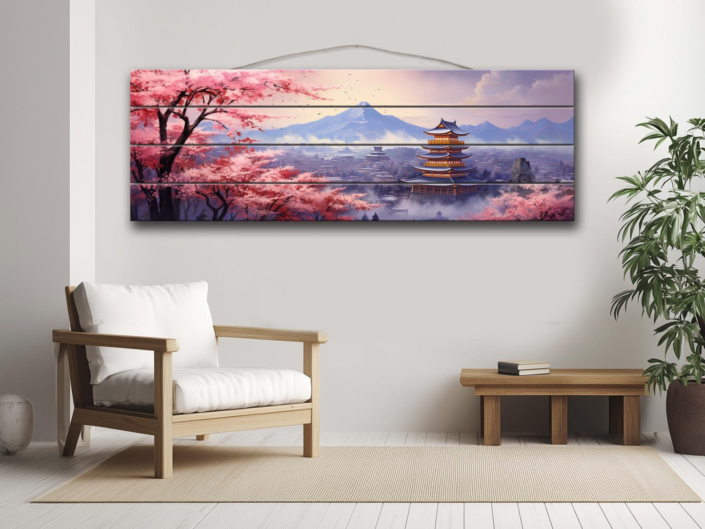 Sakura Blossom Wall Art – Japanese Wood Art Print on Natural Wood Planks
