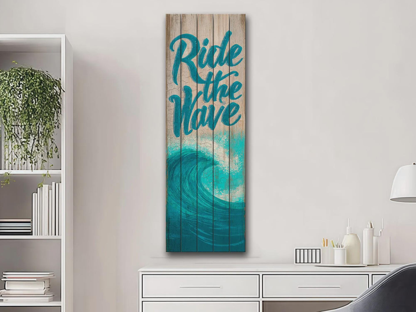 Coastal Wood Wall Art – Ride The Wave Print On Natural Wood Planks – Surfing Wall Decor