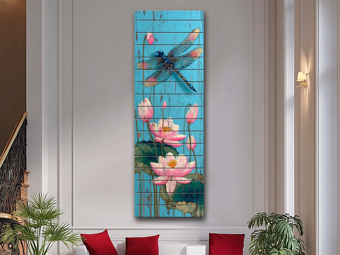 Rustic Wood Wall Art – Dragonfly Wall Print with Water Lily Artwork | Farmhouse Pond Decor