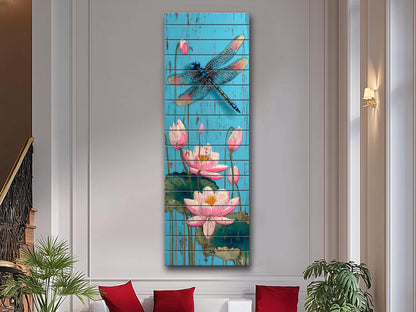 Rustic Wood Wall Art – Dragonfly Wall Print with Water Lily Artwork | Farmhouse Pond Decor