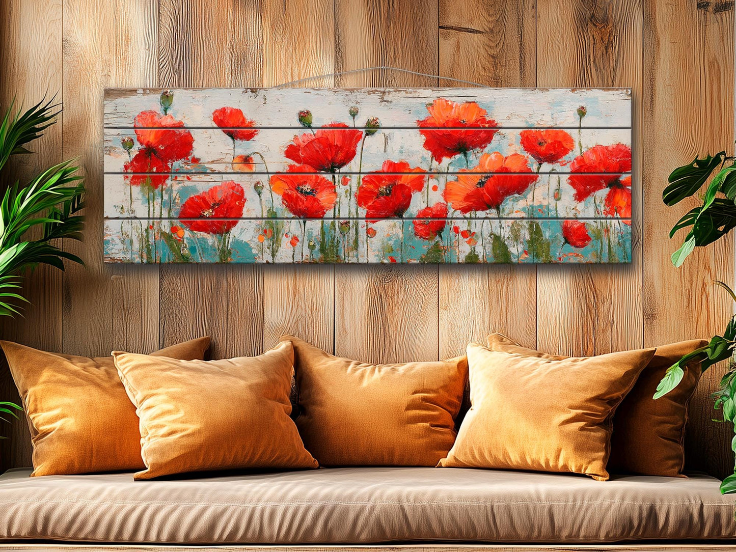 Poppies Wall Art – Natural Wood Wall Art | UV Printed Rustic Floral Wood Decor