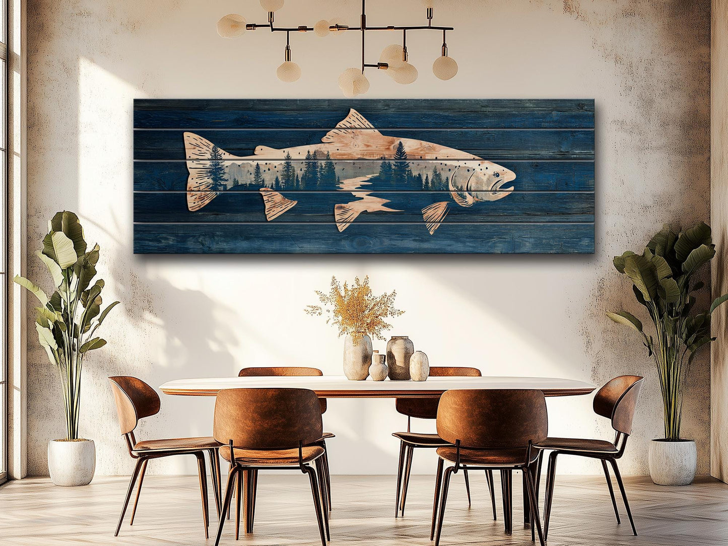 Trout Silhouette with Pine Forest Print on Wood, Rustic Fishing Wall Art