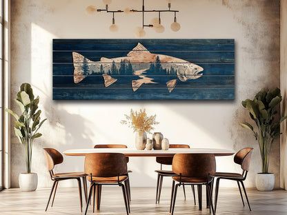Trout Silhouette with Pine Forest Print on Wood, Rustic Fishing Wall Art