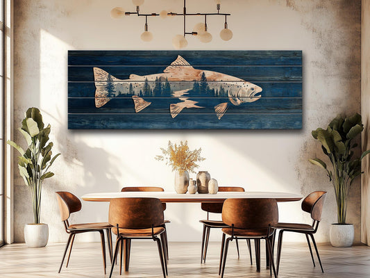 Trout Silhouette with Pine Forest Print on Wood, Rustic Fishing Wall Art