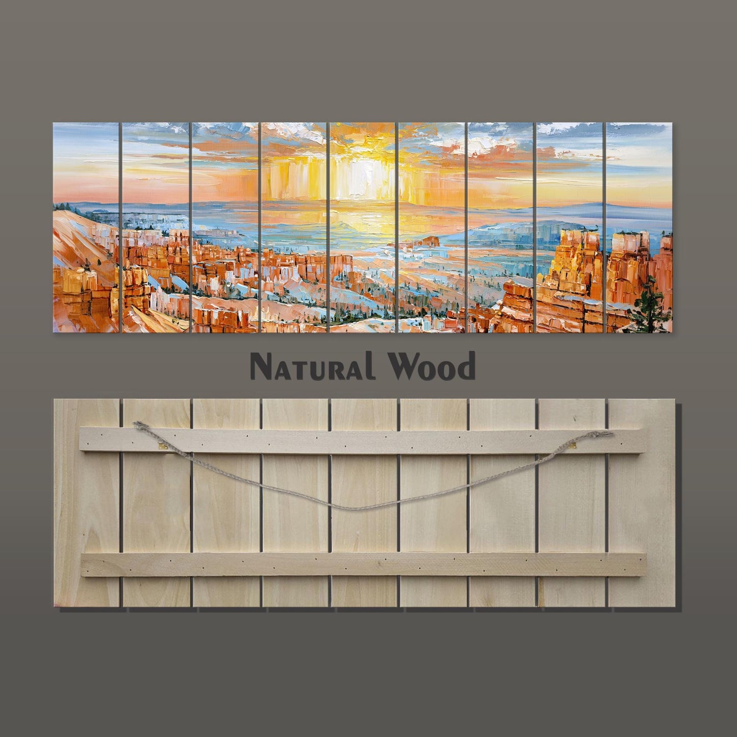 The image is a collage of multiple images depicting a scenic landscape with a sunset over a city.