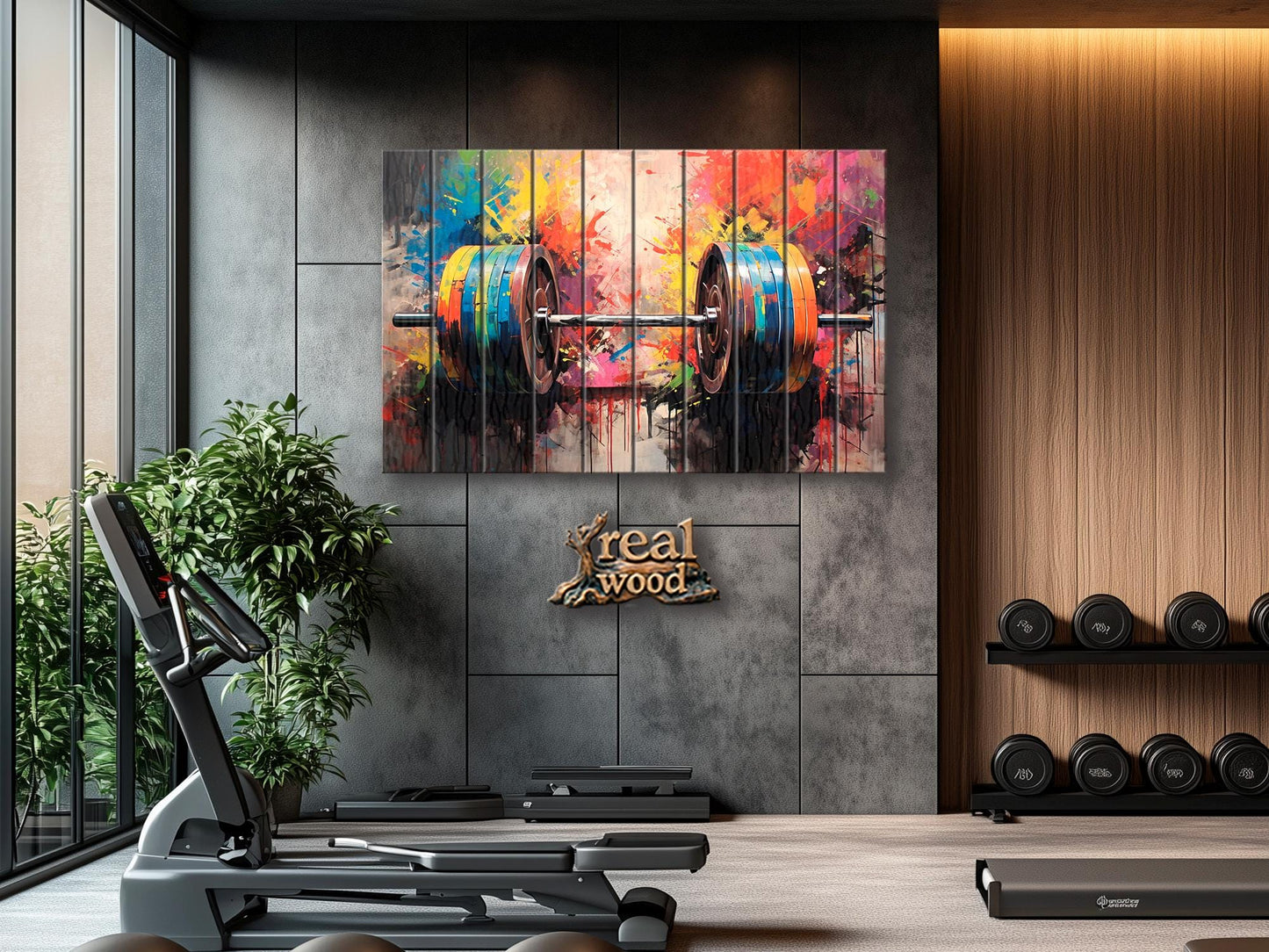 Barbell Wall Art – Abstract Wood Plank Painting | Gym Wall Decor, Motivational Gym Poster