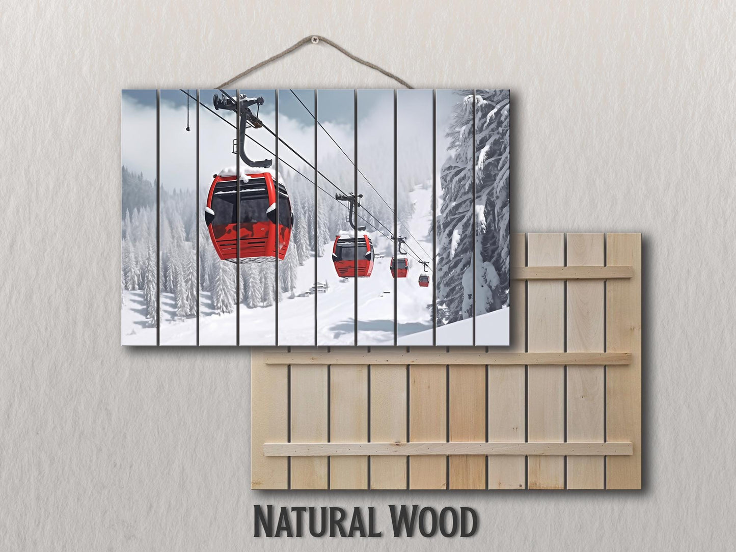 Winter Landscape Wood Print – Rustic Ski Lift Poster | Cozy Wood Wall Art