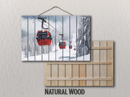 Winter Landscape Wood Print – Rustic Ski Lift Poster | Cozy Wood Wall Art