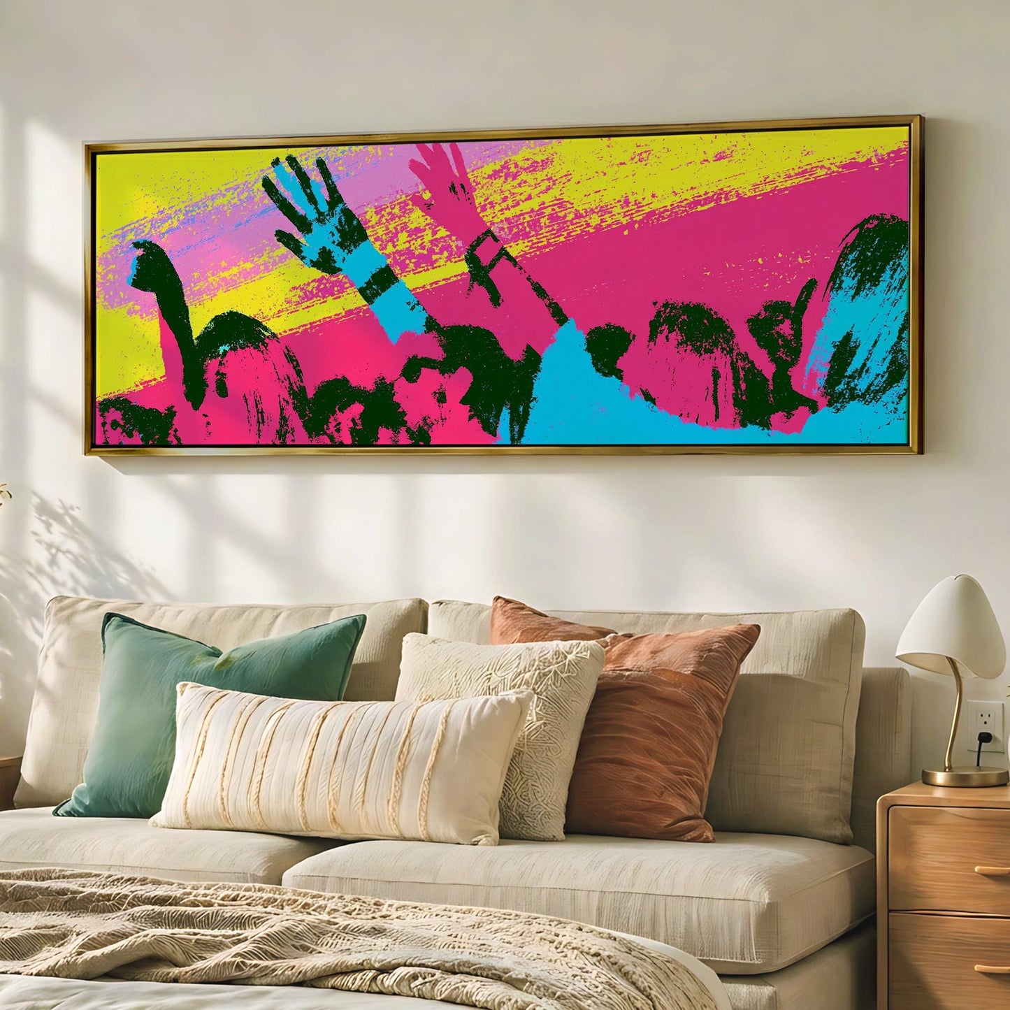 a vibrant, colorful abstract painting hanging on a wall above a beige couch with various pillows.
