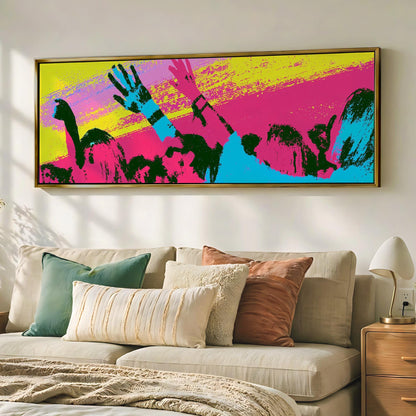 a vibrant, colorful abstract painting hanging on a wall above a beige couch with various pillows.