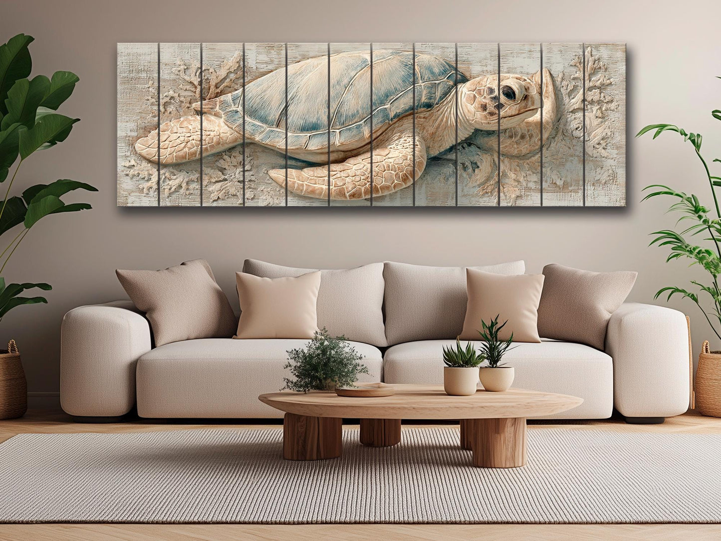 May include: A large, rectangular wall art piece featuring a detailed relief of a sea turtle. The turtle has a light blue and tan shell, with textured details. The artwork is mounted on a series of vertical wooden planks, creating a rustic, coastal theme.