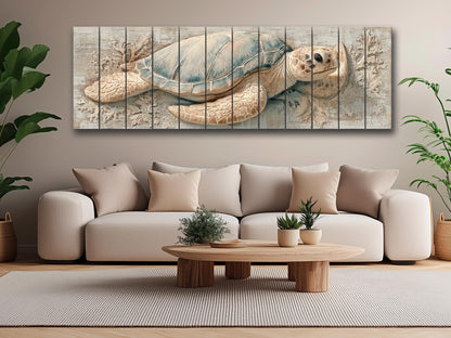 May include: A large, rectangular wall art piece featuring a detailed relief of a sea turtle. The turtle has a light blue and tan shell, with textured details. The artwork is mounted on a series of vertical wooden planks, creating a rustic, coastal theme.