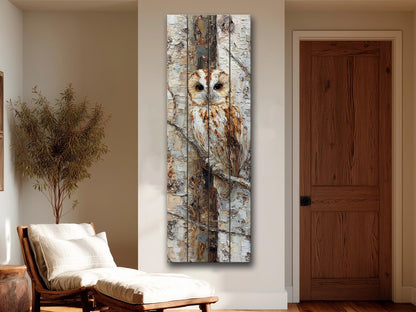 Owl Wall Art – Rustic Wood Print on Birch Bark | Textured Impasto Mixed Media Decor