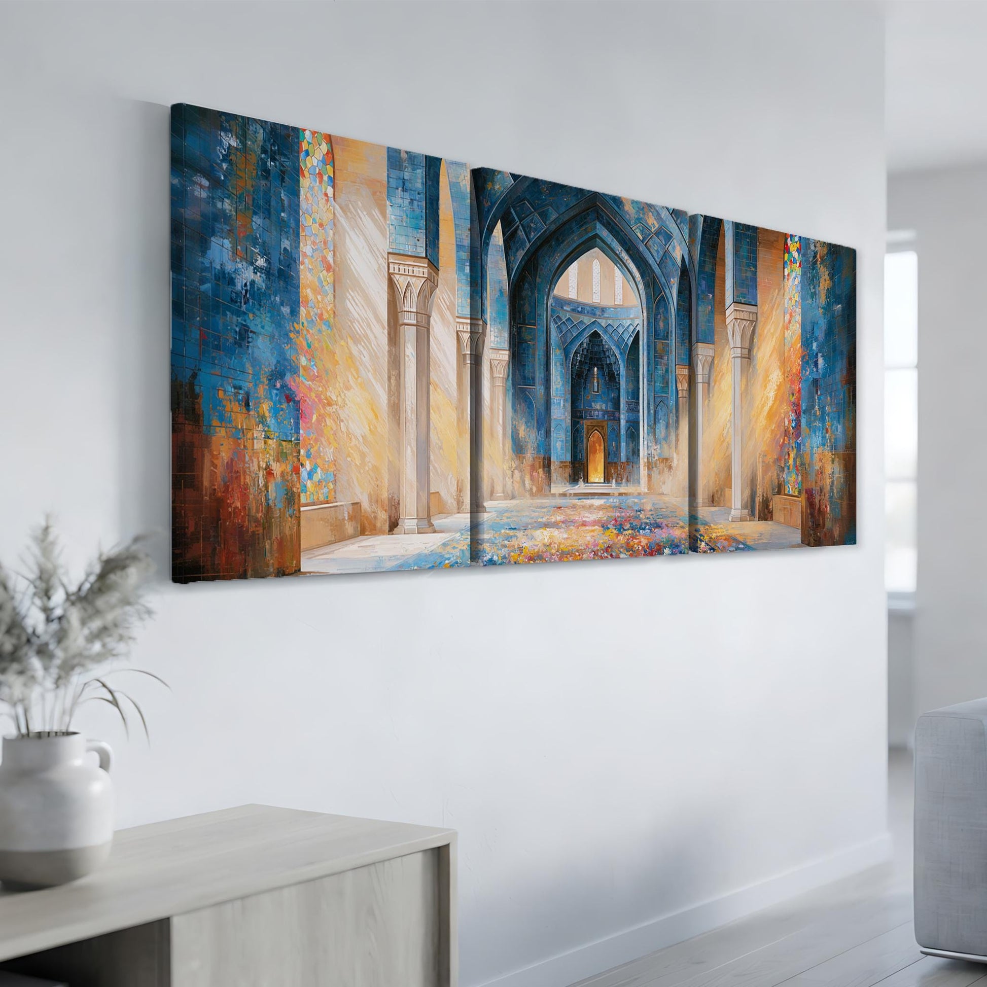 a large, colorful painting of an ornate, arched doorway with intricate details and vibrant colors, hanging on a white wall in a room.