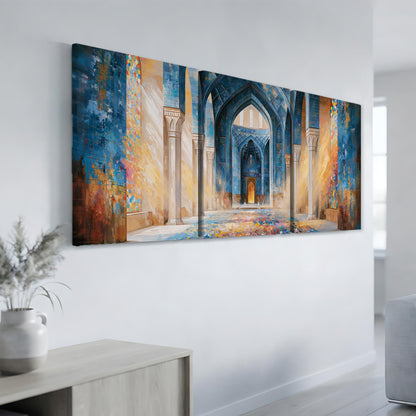a large, colorful painting of an ornate, arched doorway with intricate details and vibrant colors, hanging on a white wall in a room.