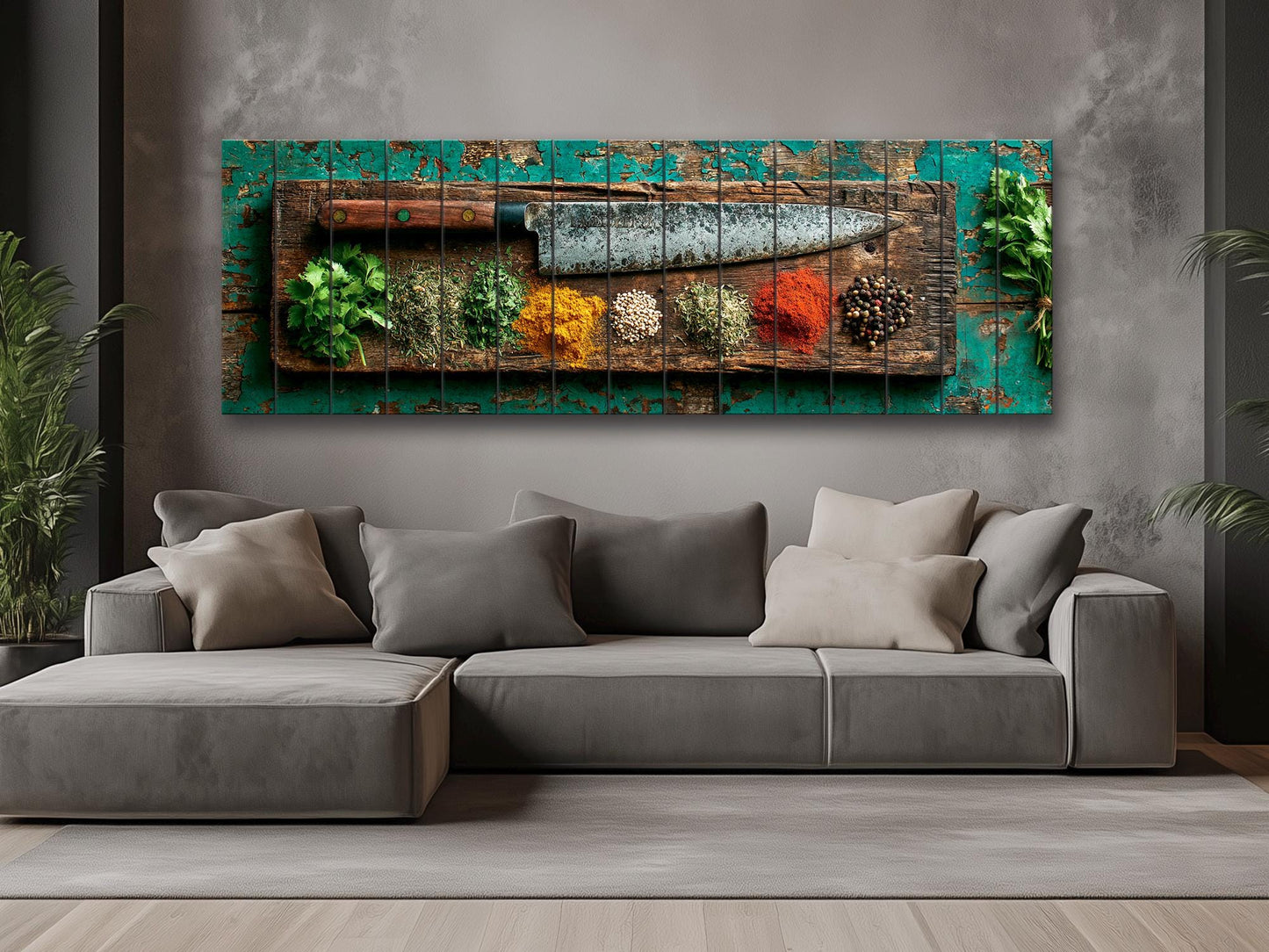 Rustic Kitchen Wall Art – Chef Knife Wood Print with Herbs on Peeling Paint