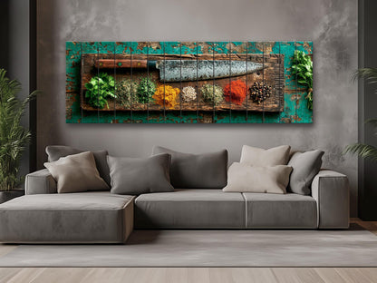 Rustic Kitchen Wall Art – Chef Knife Wood Print with Herbs on Peeling Paint