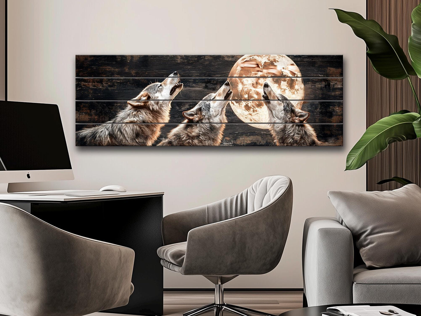 Rustic Wood Wall Art – Howling Wolves Moon Print on Natural Wood | Indigenous Wolf Decor