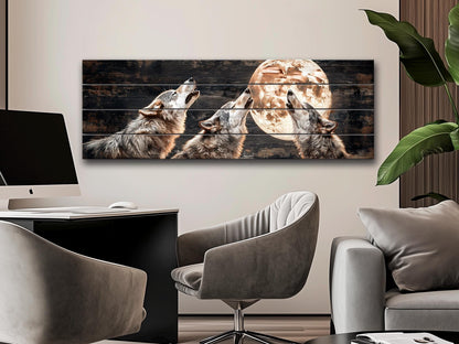 Rustic Wood Wall Art – Howling Wolves Moon Print on Natural Wood | Indigenous Wolf Decor