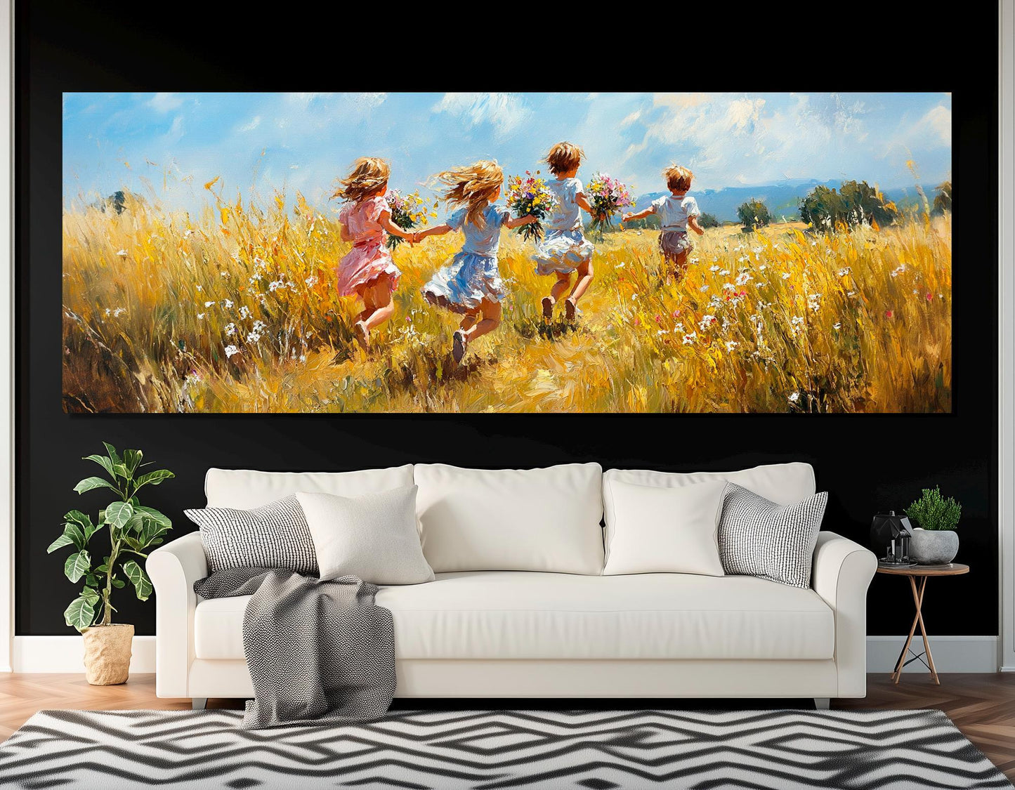 Joyful Kids Canvas – Running Children Flower Field Wall Art | Framed Ready to Hang