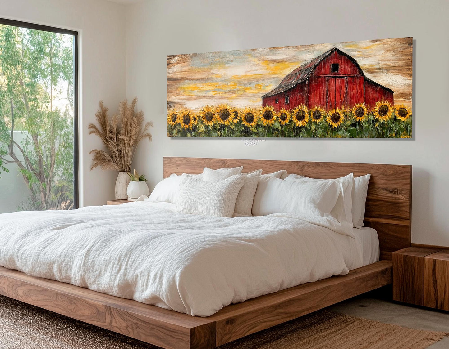 Rustic Farmhouse Wall Art – Sunflower Canvas Print with Old Barn Framed Canvas