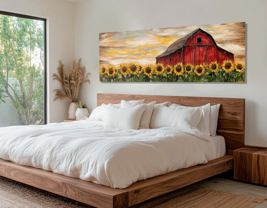 Rustic Farmhouse Wall Art – Sunflower Canvas Print with Old Barn Framed Canvas