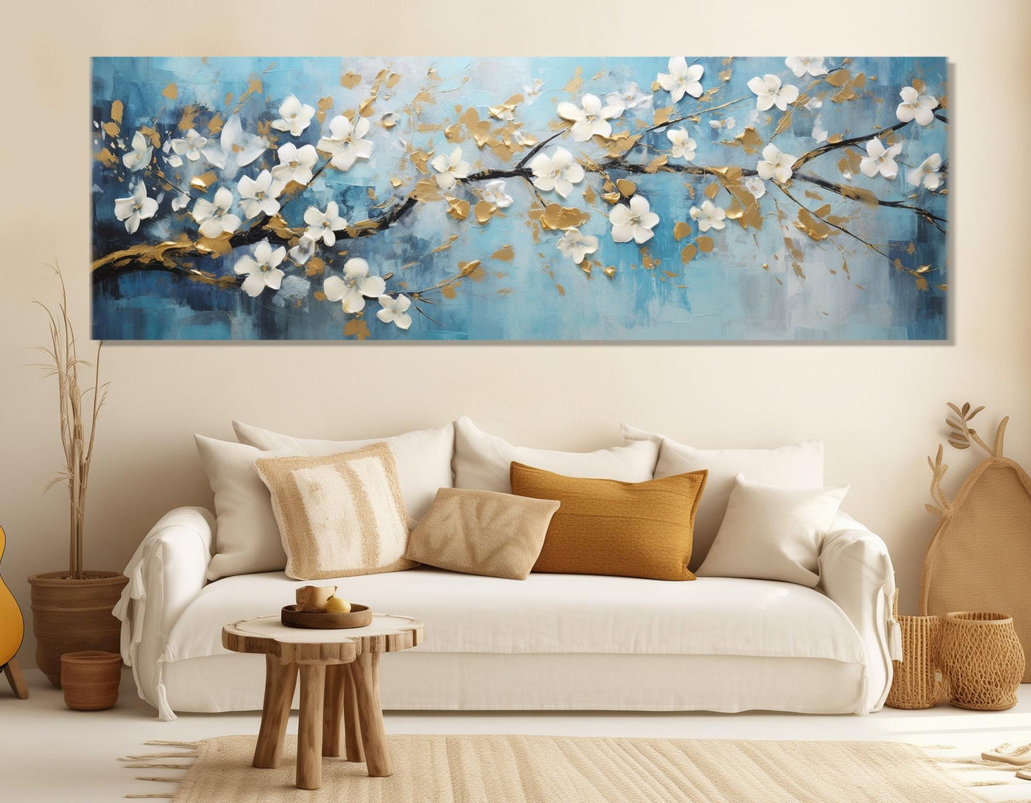 Floral Canvas Art – Soft Blue Wall Art With White Gold Flowers | Ready to Hang