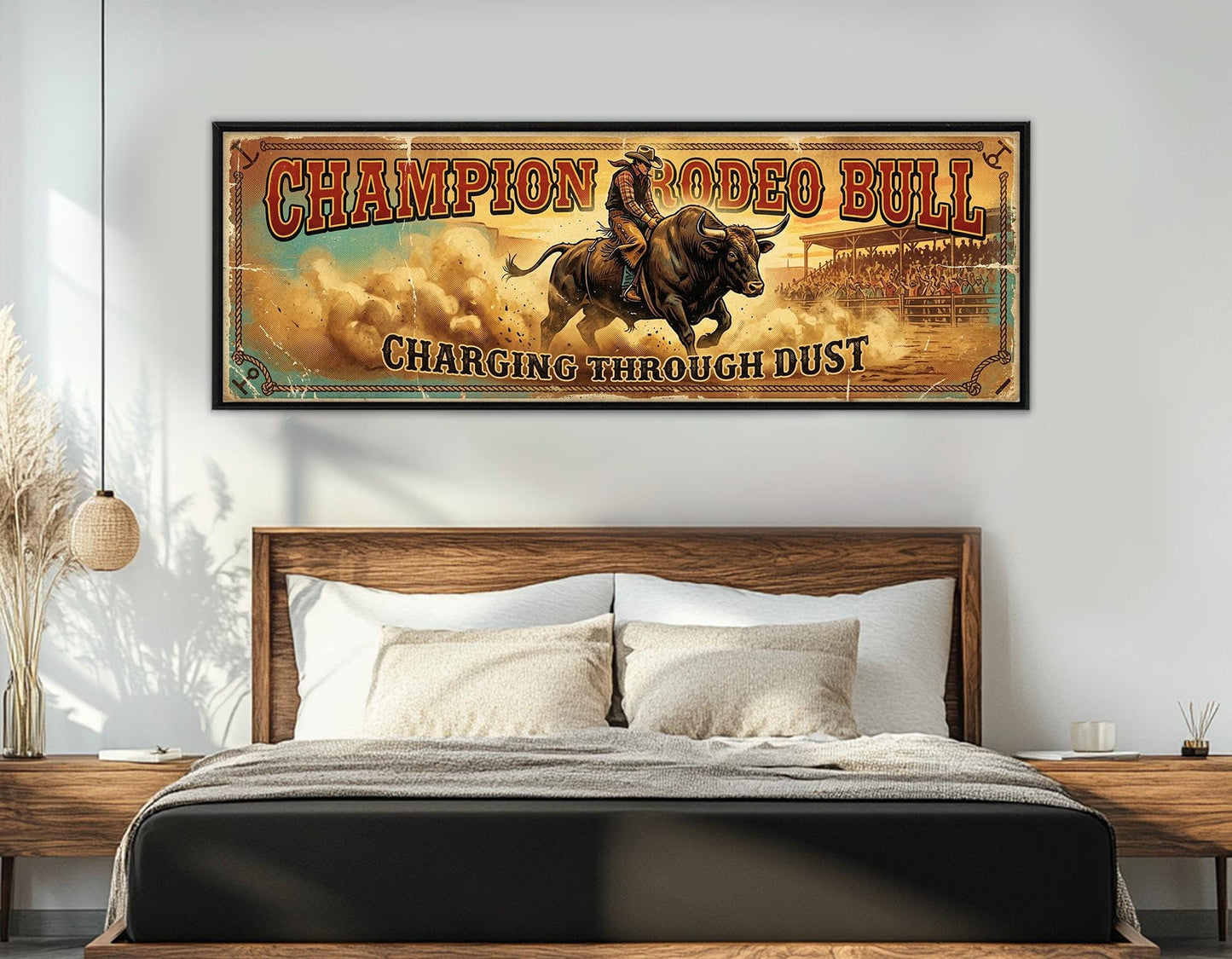 Majestic Rodeo Bull Canvas Print, American Flag, Large Western Wall Art, Framed and Ready to Hang