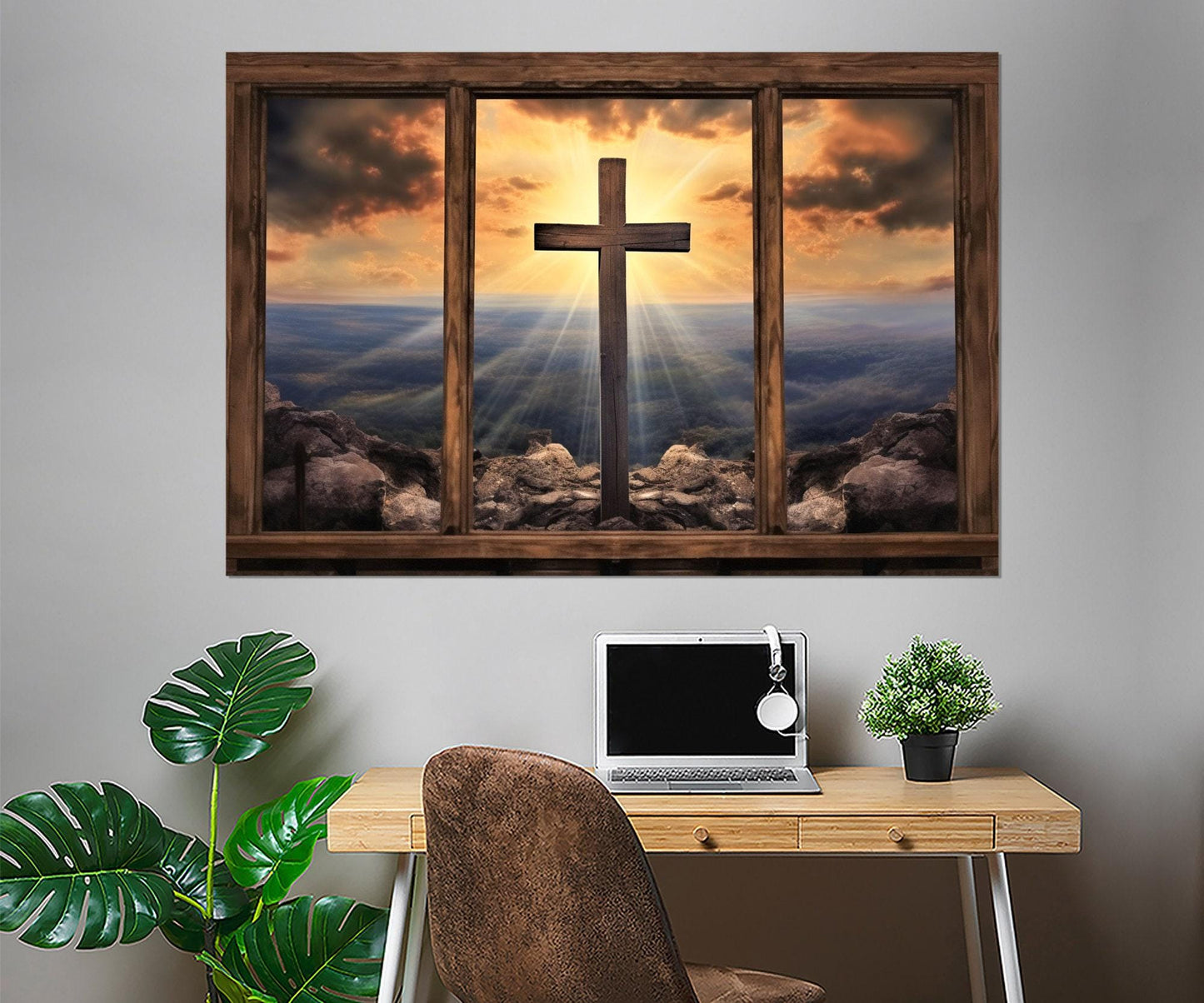 Christian Wall Art – Window with Cross and Mountain View | Framed Canvas Print