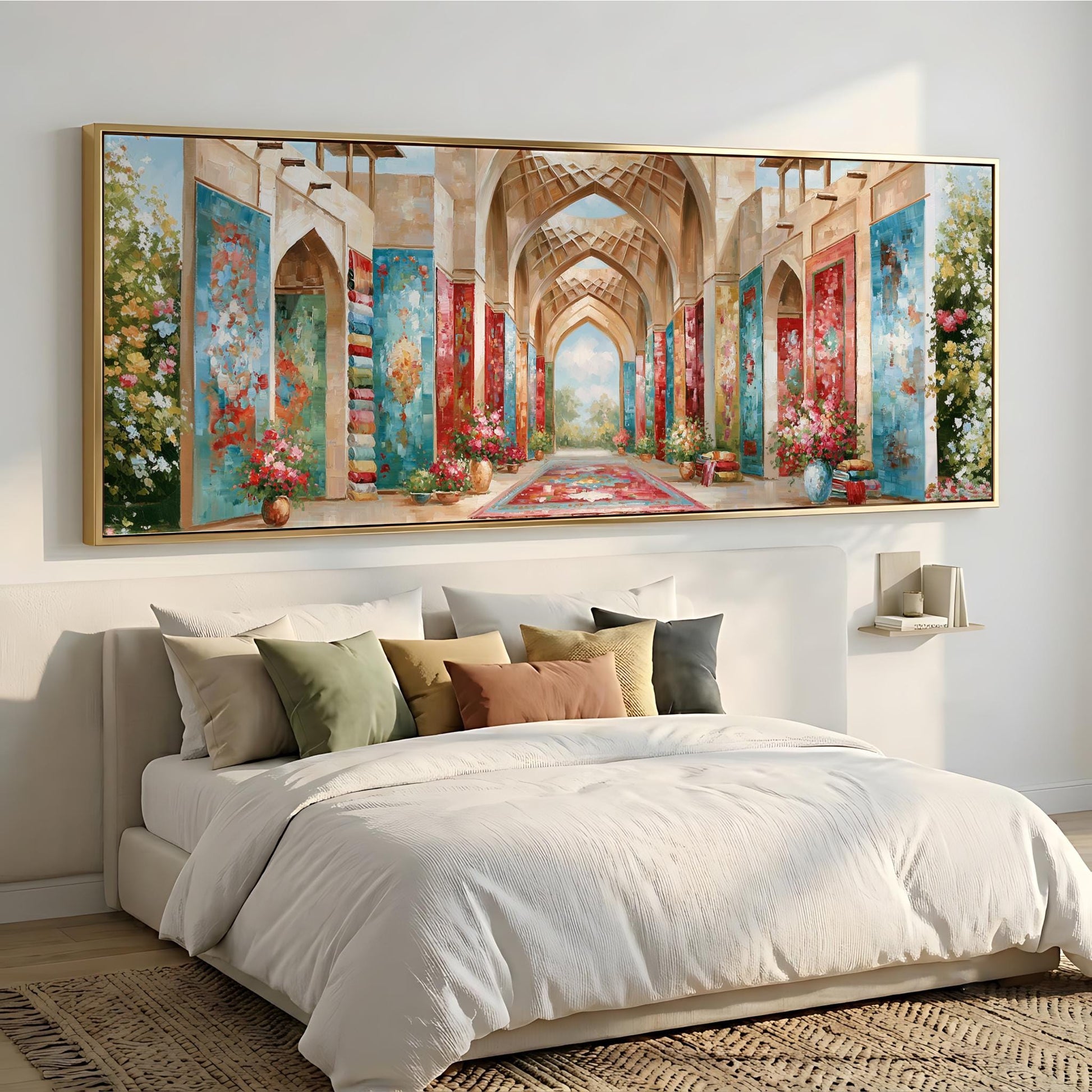 a large, colorful painting of an ornate hallway or corridor, hanging above a bed with white bedding and pillows.