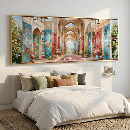 a large, colorful painting of an ornate hallway or corridor, hanging above a bed with white bedding and pillows.