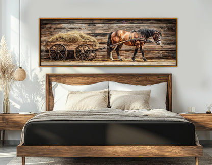 Horse Pulling Wooden Cart Rustic Wall Art – Framed Canvas Print Ready to Hang