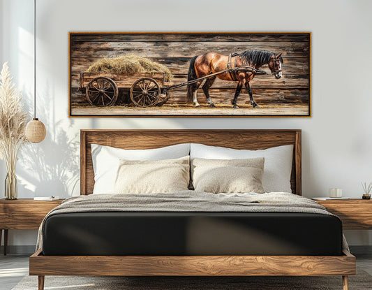 Horse Pulling Wooden Cart Rustic Wall Art – Framed Canvas Print Ready to Hang