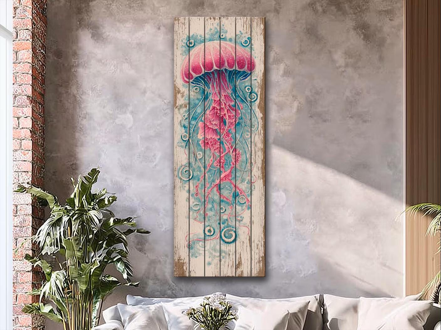 Jellyfish Wood Art – Nautical Wall Art Printed on Natural Wood with Soft Tones