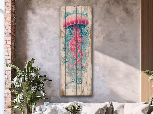 Jellyfish Wood Art – Nautical Wall Art Printed on Natural Wood with Soft Tones