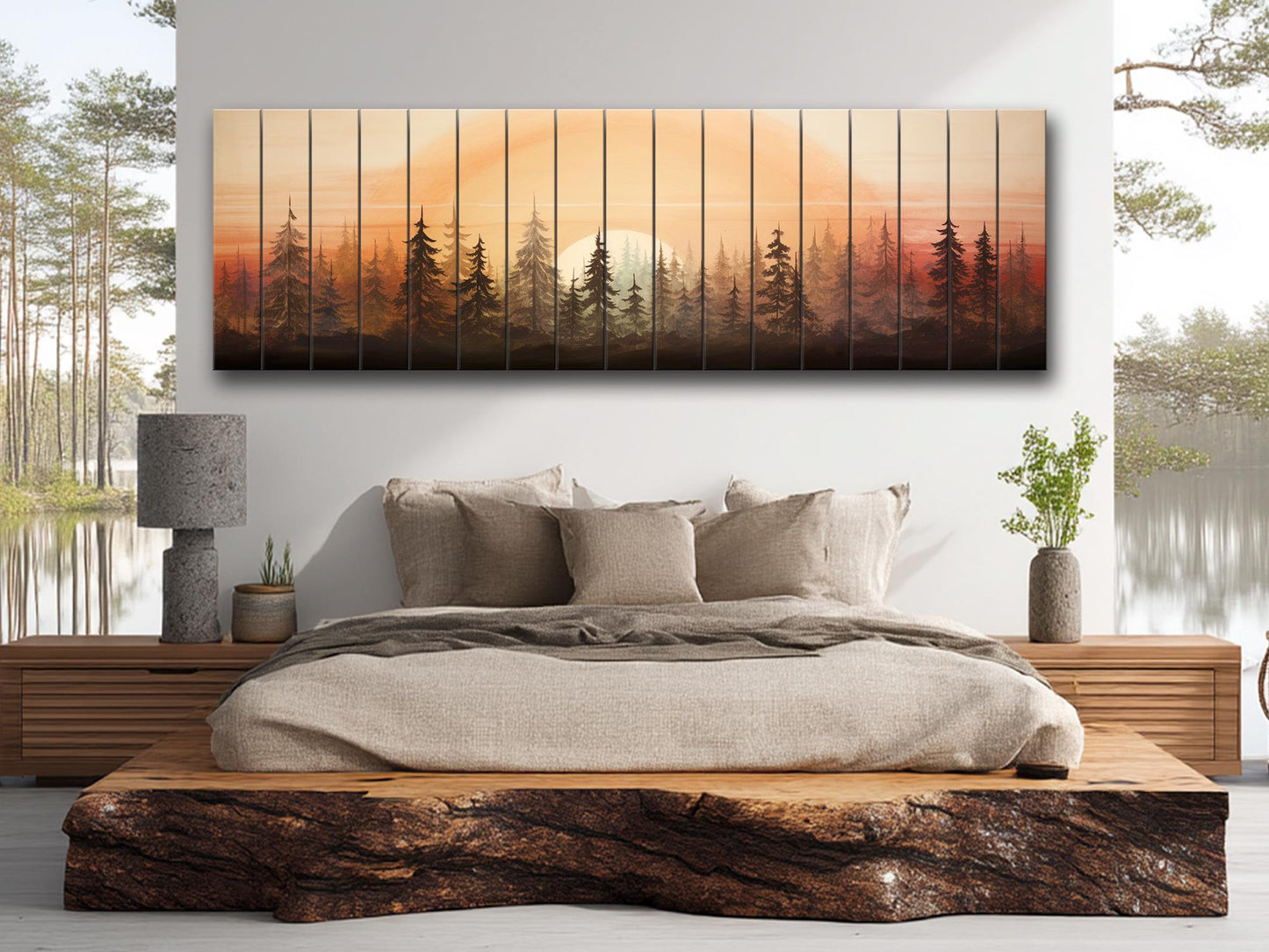 Retro Forest Print on Natural Wood – Vintage Nature Wall Art