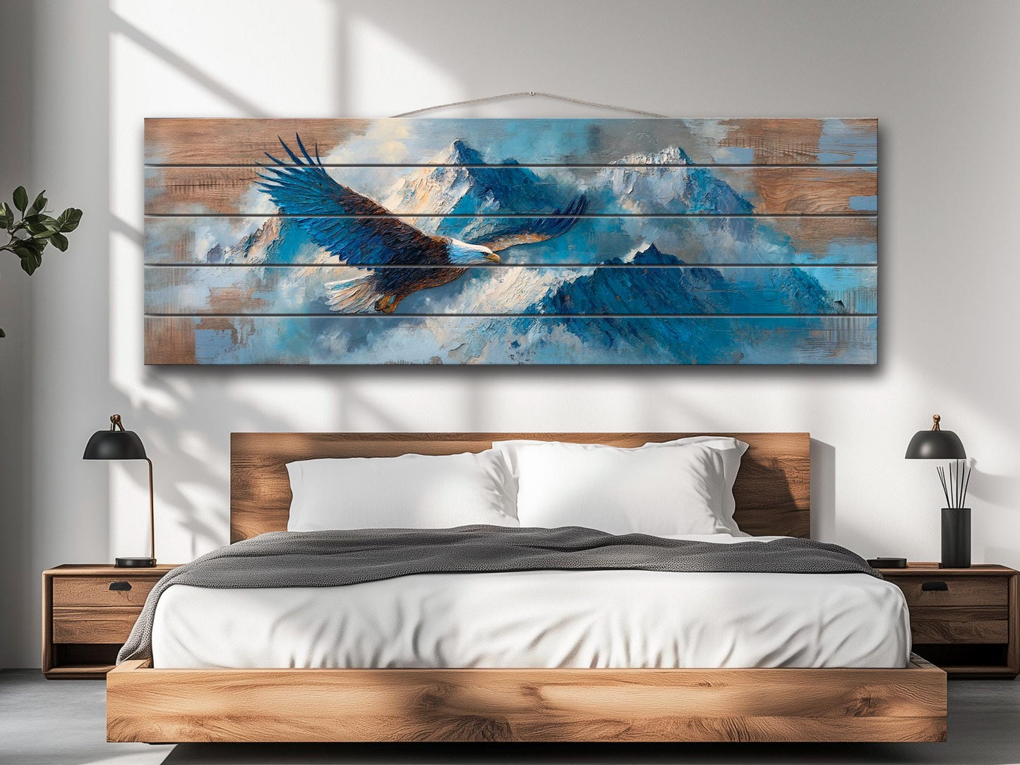 Bald Eagle Wall Art | Rustic Wood Wall Decor - Soaring Mountain Eagle Print