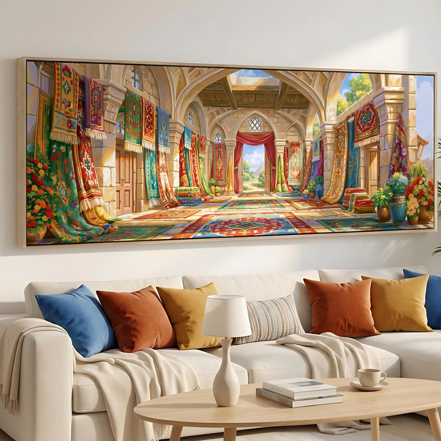 a large, ornate, and colorful interior with arched doorways, columns, and decorative elements. The room is filled with various textiles, such as rugs, curtains, and cushions, creating a vibrant and visually striking scene.
