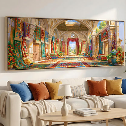 a large, ornate, and colorful interior with arched doorways, columns, and decorative elements. The room is filled with various textiles, such as rugs, curtains, and cushions, creating a vibrant and visually striking scene.