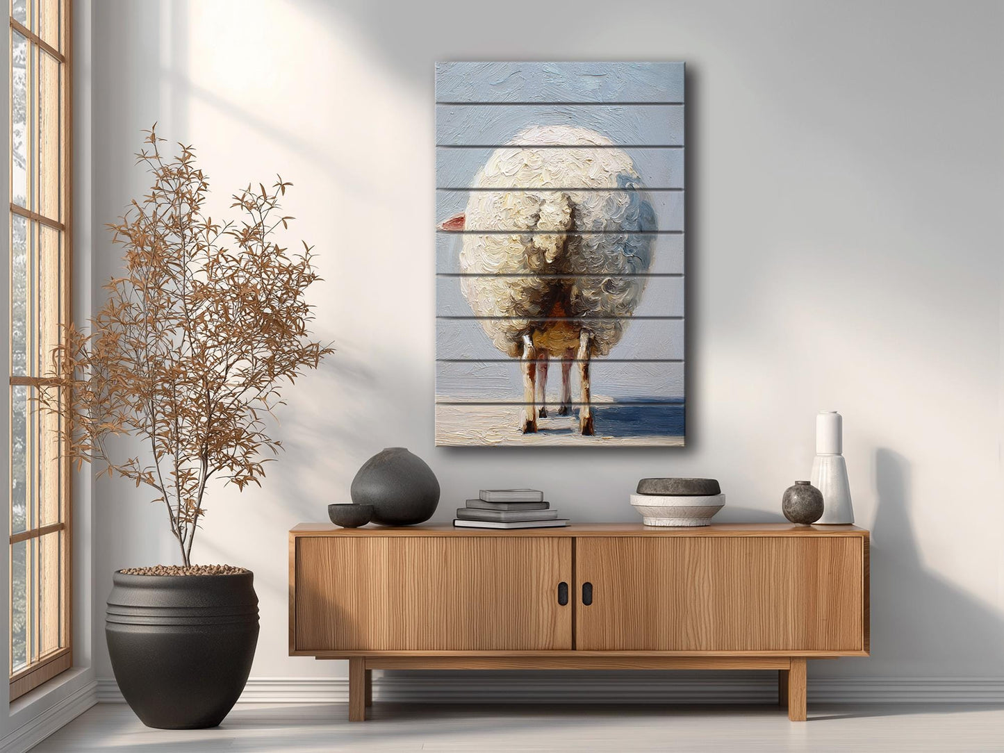 Funny Farmhouse Wall Art – Sheep Butt Print on Natural Wood Panel Decor