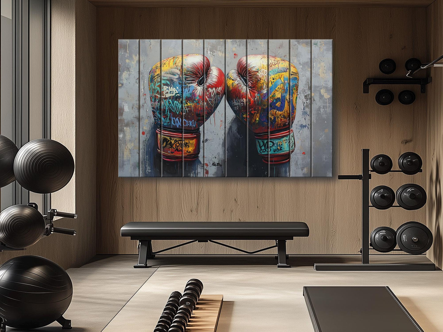Abstract Boxing Gloves Print On Natural Wood - Sports Wall Art
