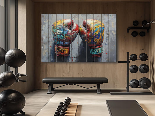 Abstract Boxing Gloves Print On Natural Wood - Sports Wall Art